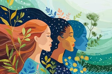 Wall Mural - earth day banner with womens profiles land and sea conservation concept digital illustration