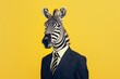 A zebra with striking black and white stripes in a business suit and tie, on a yellow background.