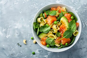 Sticker - Top view of pasta salad with spinach avocado salmon and peas in a white bowl on a light blue surface