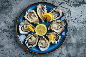 Sticker - Six fresh oysters with lemon on blue plate on stone background top view