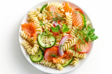 Wall Mural - Top down view of pasta salad with smoked salmon and veggies on white background