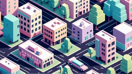 Wall Mural - Vector isometric illustration of a city street with buildings and cars.