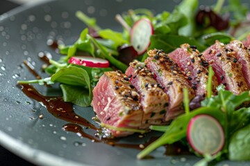 Tuna seared with sesame seeds served with salad on marinated radish