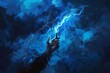 hand holding lightning bolt with stormy background and blue glow digital painting