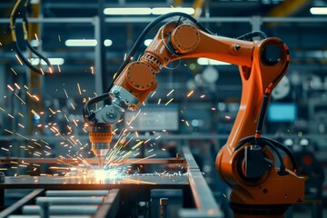 Automated welding robot in modern auto parts factory reflecting Industry 4 0