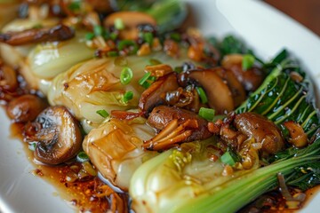 Canvas Print - Baby Bok choy in oyster sauce with Shitake mushrooms and fried garlic