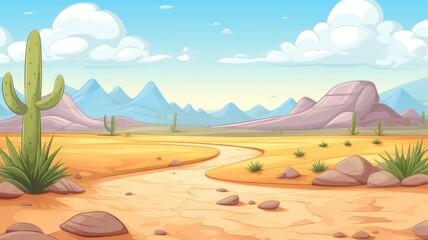 Wall Mural - Sunny Desert Landscape, Cacti and Mountains Illustration