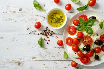 Wall Mural - Caprese salad on white table with space for text