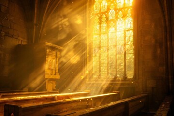 Wall Mural - heavenly light pouring through church window illuminating wooden pews in a spiritual moment