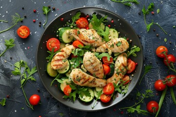 Wall Mural - Chicken salad with zucchini and cherry tomatoes viewed from above