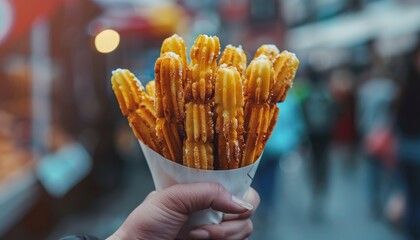 Churros waffles on the street made from dough and sugar a fast food dessert