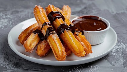 Canvas Print - Churros with chocolate sauce on white plate Gray background Close up Top view