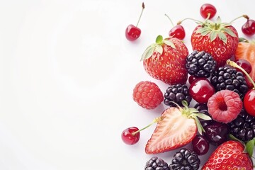 Poster - Close up macro shot of summer fruit salad ingredients on white with copy space