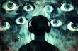 immersive media trance man wearing headphones surrounded by watching eyes conceptual illustration