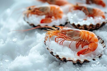 Wall Mural - Close up photo of Black Tiger Prawns in scallop shells on snow background Ideal for restaurant menu Blank space