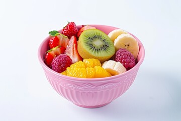 Wall Mural - Colorful fruit salad in pink bowl on white background with banana orange kiwi and strawberry promotes healthy eating