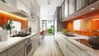 Photographs the townhouse s modern kitchen, featuring lively orange backsplash tiles, blending functionality with stylish urban living near the metro