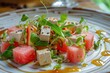 Delicious mix of fresh vegetables watermelon tofu olive oil and almonds on a white plate at a Bangkok restaurant in Thailand