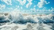 Sea waves foamy water surface rolling and splashing on white cloudy blue sky background.AI generated