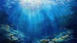 Beautiful blue deep sea underwater with sunbeams. AI generated image