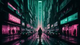Fototapeta Londyn -  the neon-lit streets of a futuristic cybernetic cityscape,   dark dystopian color palette and intricate details to depict towering skyscrapers