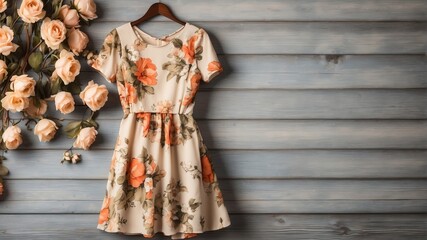 Wall Mural - beige flower print dress on old wooden wall background from Generative AI