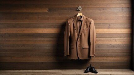 Wall Mural - brown formal suit on old wooden wall background from Generative AI