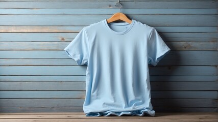 Wall Mural - plain light blue tshirt on old wooden wall background from Generative AI