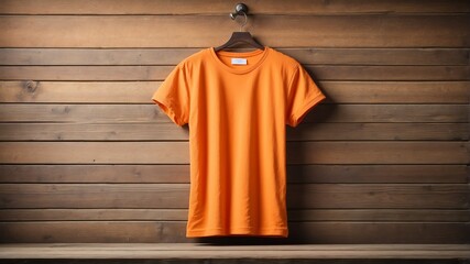 Wall Mural - plain orange tshirt on old wooden wall background from Generative AI
