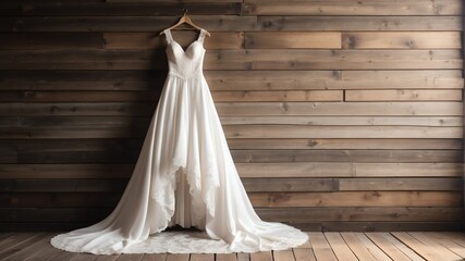 Wall Mural - white wedding dress on old wooden wall background from Generative AI