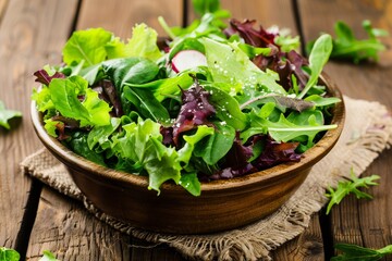 Poster - Green salad in wooden bowl on table