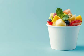 Wall Mural - Fruit salad in cup blue background text space