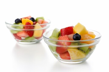 Wall Mural - Fruit salad in glass bowls on white background