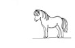 A minimalist line drawing captures a pony, highlighting its small stature and the texture of its mane and tail, all depicted through a continuous line on an isolated white background.