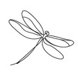 © Liana - A minimalist line drawing showcases a dragonfly, focusing on its elongated body and delicate wings, all portrayed through a continuous line on an isolated white background.