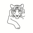 A minimalist line drawing captures a tiger, emphasizing its muscular form, striped pattern, and fierce expression, all depicted through a continuous line on an isolated white background.
