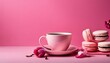 Valentine's Day flower composition with pink orchid, coffee cup, and macaroon on pastel background