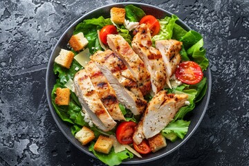Wall Mural - Grilled chicken Caesar salad with tomato croutons lettuce Parmesan Healthy lunch Overhead view