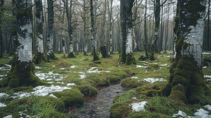 Sticker - Swampy woodland in spring with ancient trees draped in moss and patches of dirty snow resting on green grass