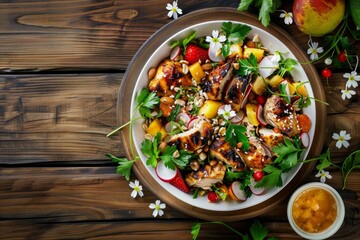Wall Mural - Thai fruit and barbecue chicken cereal salad on wooden table viewed from above