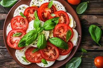 Wall Mural - Top view of Caprese salad with mozzarella tomatoes and basil on wood
