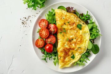 Wall Mural - Top view of omelette with fresh salad and tomato on plate