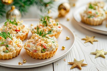 Poster - Traditional Russian appetizer for New Year and Christmas Eve Decorated with fir tree branches and golden ornaments on a white wooden table Close up shot with cop