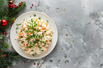 Poster - Traditional Russian Christmas and New Year dish Olivier salad in white plate shaped like a Christmas tree with gray background Top view focus on plate