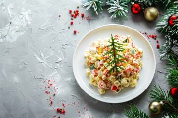 Poster - Traditional Russian Christmas and New Year dish Olivier salad on tree shaped plate gray background Ample space for text Overhead view