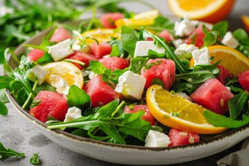 Wall Mural - Watermelon arugula salad with mint orange lemon dressing Summer dish Healthy option