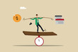 © ruder - Balance between work and money based on time, productivity, quality of work, businessman riding on a piece of wood balancing his duties