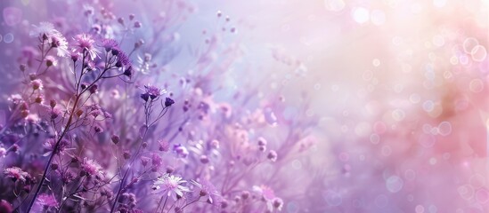 Wall Mural - Abstract floral background featuring purple flowers on pastel hues with a soft aesthetic suitable for spring or summer. Banner backdrop with space for text.