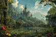 A whimsical fairytale scene with a castle in the distance, lush forests, and fantastical creatures roaming the landscape