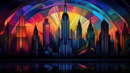 Wall Mural - Black colors, art deco wallpaper with stained glass details, empire state building, geometric pattern, half drop, intricate details